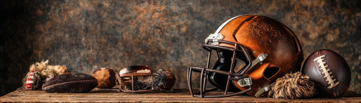 An antique football helmet on a rustic shelf alongside various footballs, showcasing the rich history of the sport.