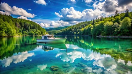 Fototapeta premium Serene moored boat bobs gently on calm turquoise water, reflecting surrounding lush green forest and clear blue sky with a few puffy white clouds.