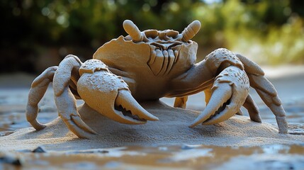 A close-up of a realistic sand crab resting on a sunny beach, showcasing its detailed claws and sandy texture.