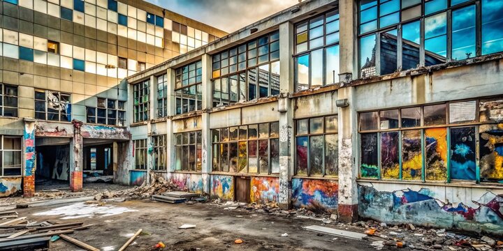 Corporate Casualty: Crumbling office building, broken windows, graffiti, abandoned feel, cold and sterile color palette