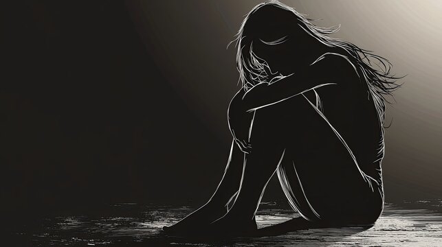 Silhouette of a woman sitting with her head down and her knees drawn up to her chest, with long hair blowing in the wind.