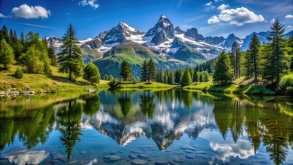 Serene mountain landscape in Hautes-Alpes, France, featuring a tranquil lake reflecting snow-capped peaks and lush green forests under a clear blue summer sky.