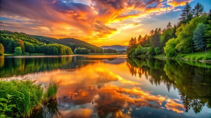 Obraz premium Serene orange sunset illuminates calm lake waters, reflecting vibrant hues of sky, surrounded by lush green trees and gently sloping hills in the distance.