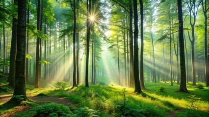 Fototapeta premium Serene panoramic view of a vibrant green forest with tall trees, dappled sunlight, and misty atmosphere, evoking a sense of tranquility and wonder in nature.