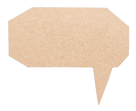 Blank cut out brown cardboard paper speech bubble with copy space for text on transparent png background design element

