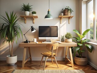 Fototapeta premium Cozy Minimalist Desktop Workspace: Warm, inviting, and clutter-free desktop environment with subtle textures and organic elements.