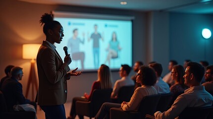 Fototapeta premium Engaging Business Presentation: Charismatic Speaker Addressing Diverse Audience in Corporate Seminar
