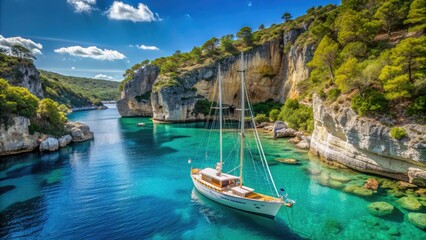 Obraz premium Serene sailing yacht Rondinara anchored in turquoise waters surrounded by limestone cliffs and lush green vegetation under a clear blue sky.