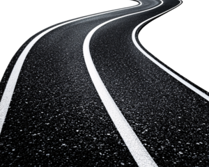 asphalt road with white lines isolated on a transparent background, carpet road with a bend
