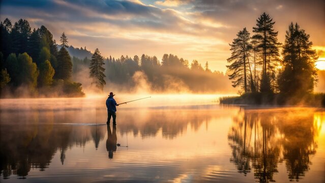 Serene rustic scene of a lone fisherman standing at dawn on a misty lake, holding a fishing rod with a tranquil forest backdrop.