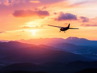 Obraz premium A serene sunset view with an airplane flying over mountains, capturing the beauty of nature and aviation in harmony.