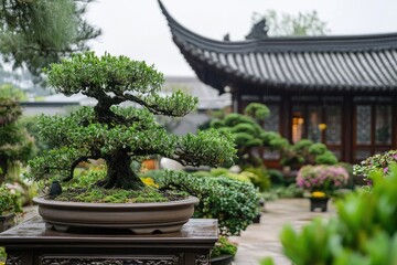 Bonsai Tree in a Chinese Garden During Rainfall