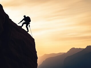 A silhouetted climber ascends a mountain at sunset, capturing the essence of adventure and determination in the great outdoors.