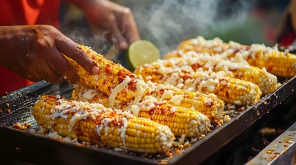 Vibrant Traditional Mexican Street Vendor Serving Chili-Lime-Cheese Corn on the Cob