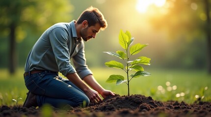Eco-Conscious Man Planting Tree Seedling: Environmental Conservation and Sustainability in Nature