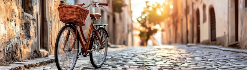 Charming city scene featuring a vintage bicycle on a cobblestone street, bathed in warm sunset light.