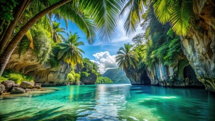 Serene turquoise waters lap against the mouth of a lush, sun-drenched tropical cave, surrounded by swaying palm trees and vibrant green foliage in paradise.