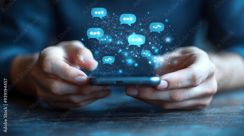 Aufkleber close-up of hands texting on a smartphone with floating chat bubbles