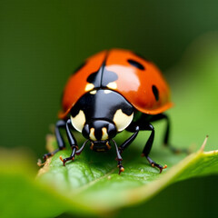 Fototapeta premium Close up macro shot of ladybug on green leaf