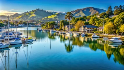 Obraz premium Serene waterfront scenery in San Rafael, California, featuring a sunny day, calm bay waters, and picturesque hills surrounding a tranquil marina atmosphere.