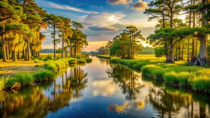 Obraz premium Serene waterway winds through lush green marshlands and cypress trees in the picturesque Tidewater region of Virginia, bathed in warm golden afternoon sunlight.