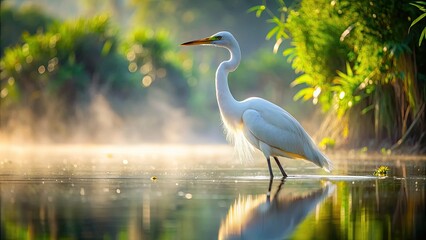Obraz premium Serene white egret wades in calm shallow waters, feathers glisten in morning sunlight, amidst lush greenery and subtle mist, creating a peaceful natural ambiance.