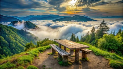 Serene wilderness scene of a rustic wooden table situated at the summit of a majestic mountain, surrounded by lush greenery and misty atmosphere.