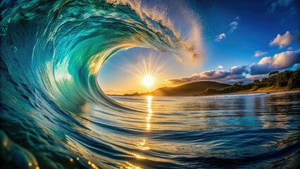 Serenely curved ocean wave forms a perfect circle, glistening with sunlight and surrounded by calm turquoise waters, evoking a sense of harmony and peacefulness.