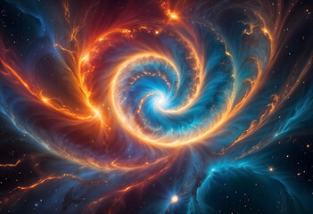 Colorful Spiral Galaxy with Fiery Swirls in Deep Space