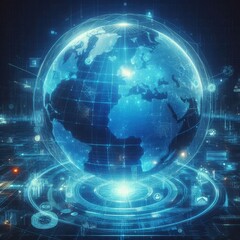 Obraz premium blue hologram globe with world map with glowing data streams, ai global communication networks, virtual reality simulations, geospatial data visualization, and interactive educational experience. 