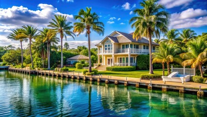 Obraz premium Serenene Florida waterfront house with tropical palm trees, sunny patio, and sparkling blue waters, perfect for relaxation and coastal living