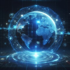 Obraz premium blue hologram globe with world map with glowing data streams, ai global communication networks, virtual reality simulations, geospatial data visualization, and interactive educational experience. 