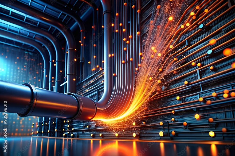 Poster cybernetic arteries: a labyrinth of illuminated pipelines snake through a futuristic server room, pu
