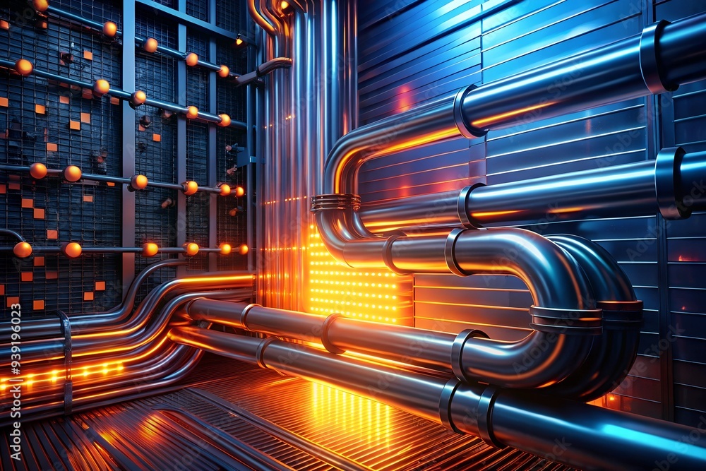 Poster cybernetic arteries: a labyrinth of illuminated pipelines snake through a futuristic server room, pu