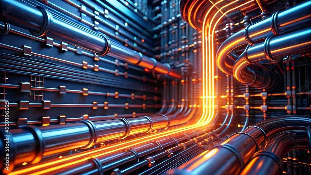Poster cybernetic arteries: a labyrinth of illuminated pipelines snake through a futuristic server room, pu