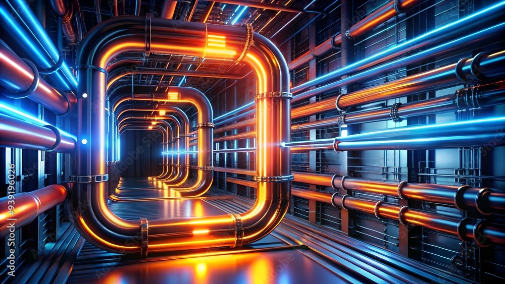 Poster cybernetic arteries: a labyrinth of illuminated pipelines snake through a futuristic server room, pu