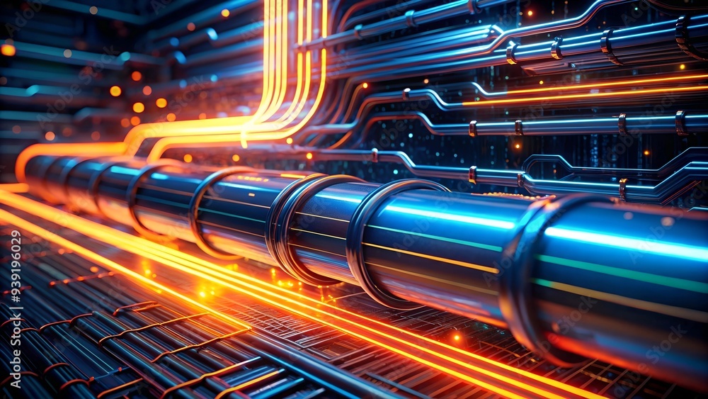 Poster cybernetic arteries: a labyrinth of illuminated pipelines snake through a futuristic server room, pu