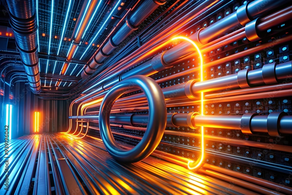 Poster cybernetic arteries: a labyrinth of illuminated pipelines snake through a futuristic server room, pu