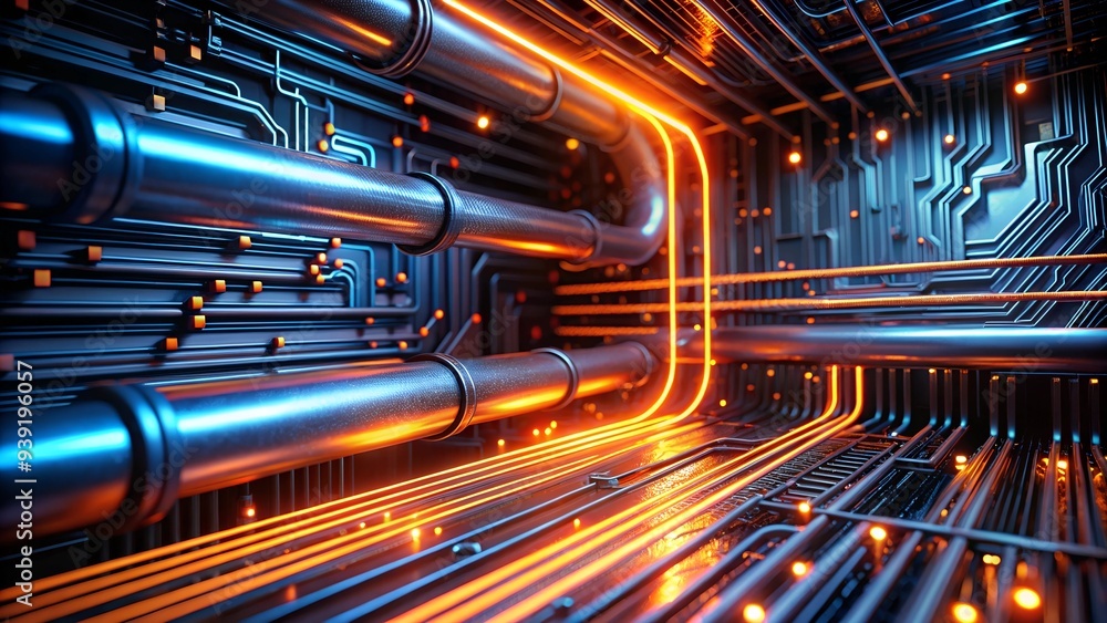 Poster cybernetic arteries: a labyrinth of illuminated pipelines snake through a futuristic server room, pu