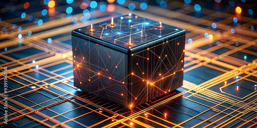 Poster the power of connectivity: a black cube, representing technological advancement, sits at the heart o
