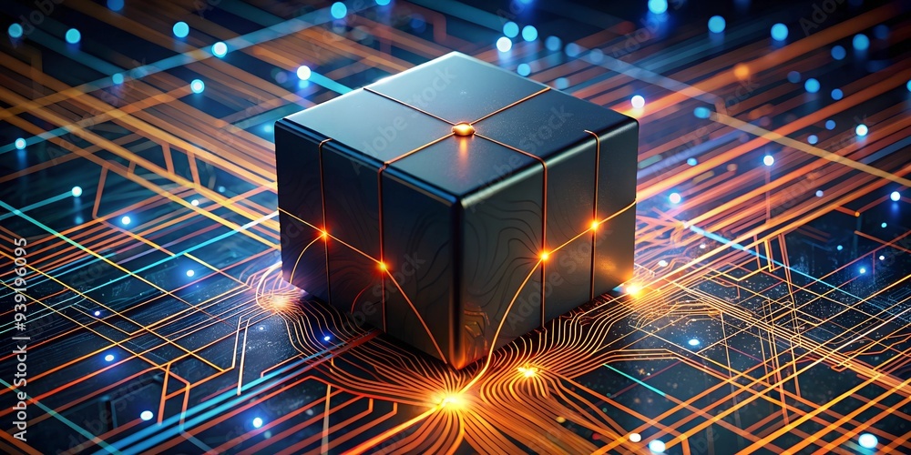 Poster the power of connectivity: a black cube, representing technological advancement, sits at the heart o