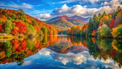 Naklejka premium Serenene morning landscape of Blue Ridge Parkway in autumn, with vibrant orange and red foliage reflected in a calm North Carolina mountain lake.