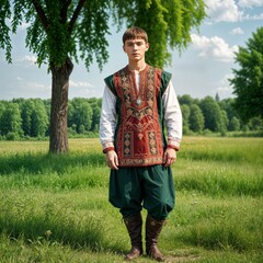Young man in traditional ethnic clothing standing outdoors, showcasing rich cultural heritage in a serene natural landscape
