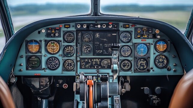 Close-up of airplane cockpit controls and instruments, vintage aircraft