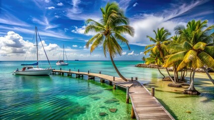 Serenene tropical harbor island with swaying palm trees, turquoise waters, and a sailboat docked at a weathered wooden pier under a vibrant blue sky.