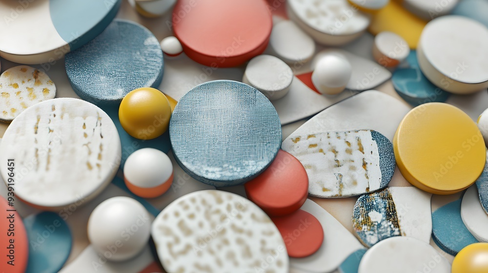 Poster 2. geometric pattern in 3d with floating circles and ceramic textures