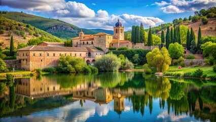 Fototapeta premium Serenity abounds at the Monastery of Piedra, a medieval retreat surrounded by lush greenery and tranquil waters in the Spanish countryside.