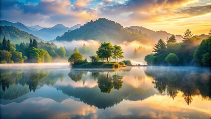 Serenity scene featuring a peaceful landscape with a subtle mist, emphasizing the importance of calmness and controlled breathing in achieving mental clarity and balance.