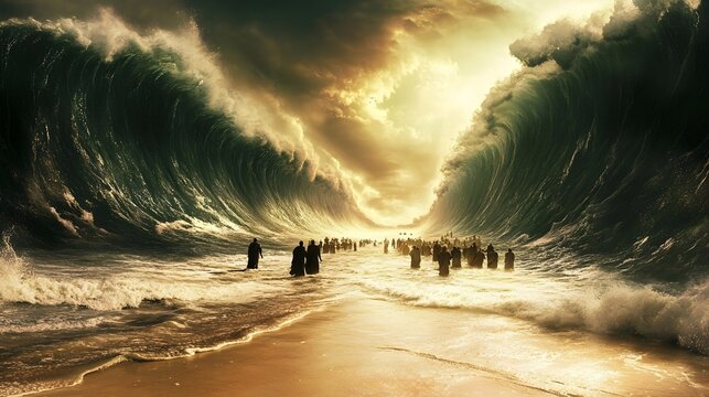 Religious portrayal of Moses leading the Israelites through the parted Red Sea, capturing a pivotal moment in biblical history that exemplifies faith, divine intervention, and the power of God in Chri