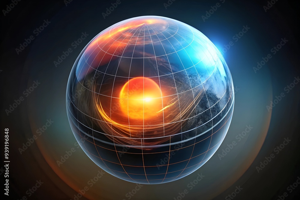 Poster global network sphere: a mesmerizing 3d rendering of a glowing sphere, symbolizing interconnectednes